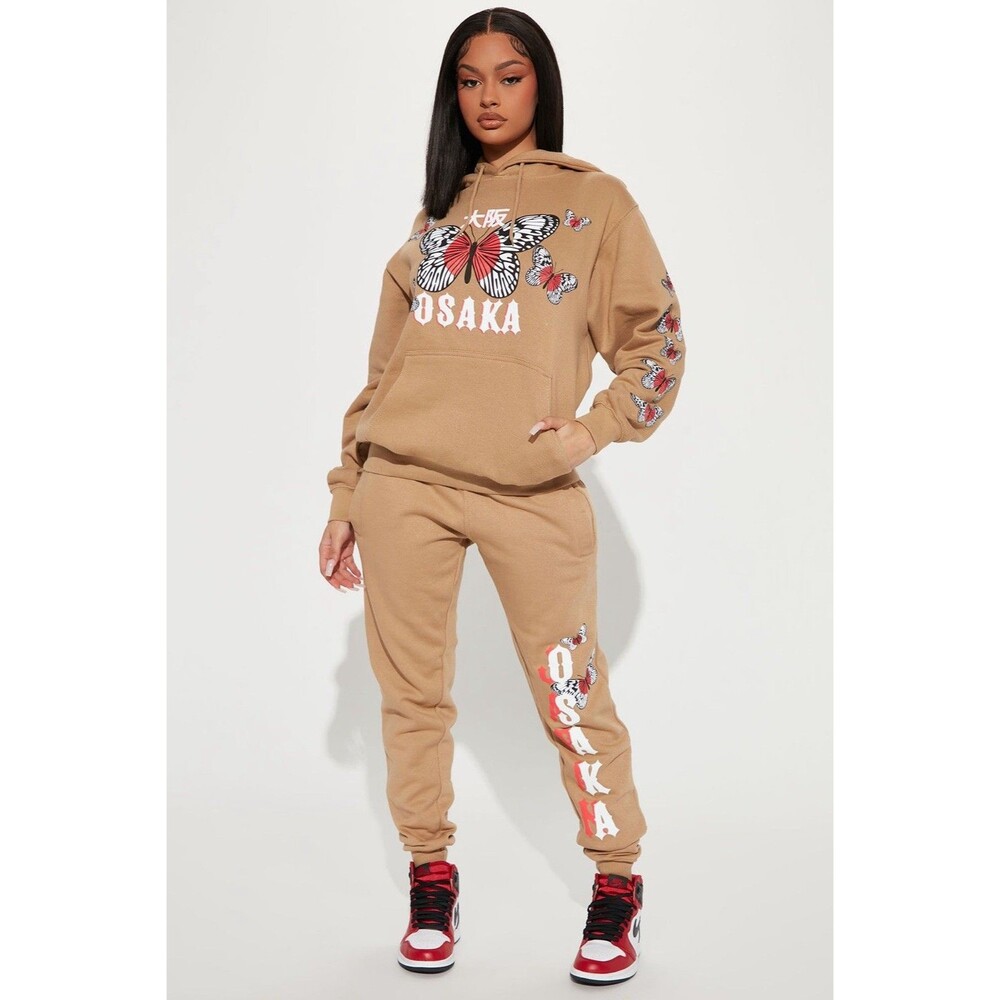 Fashion Nova Osaka Graphic Hoodie Jogger Matching Set Taupe Butterfly Women’s